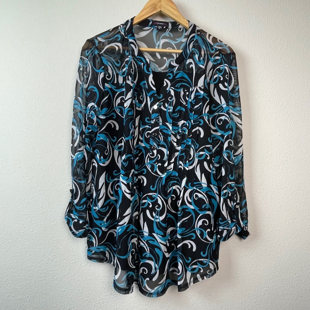 Cocomo Blouse Women XL Black Teal Excellent Mesh Roll Tab Abstract Swirl Career